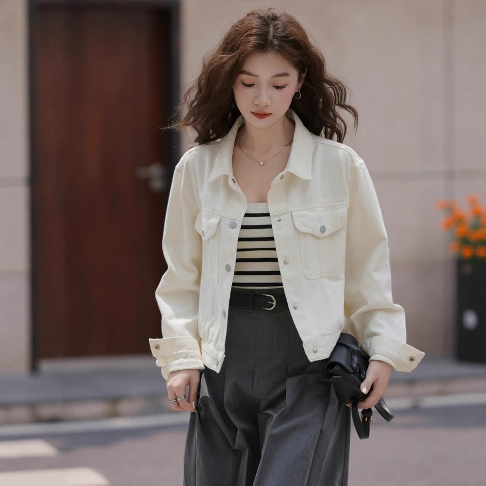 Notched Lapel Denim Jacket 2025 Autumn New Women's Double Pocket Design Casual Versatile Jacket Top A6304
