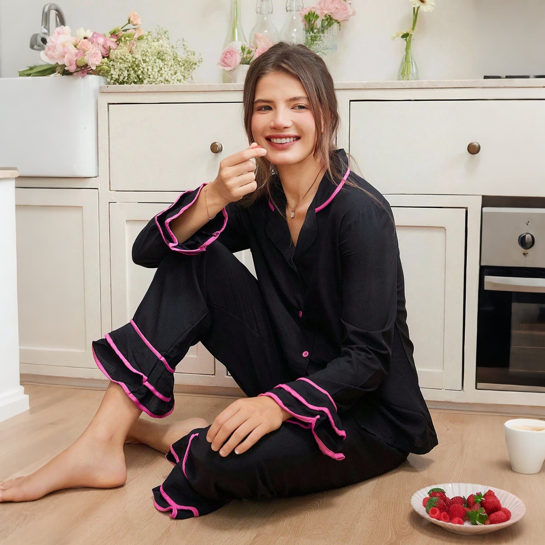 Women's Summer Sweet Color Block Pajama Set, Notch Lapel Cardigan with Contrast Flared Sleeves and Long Pants Loungewear, Cross-border Style