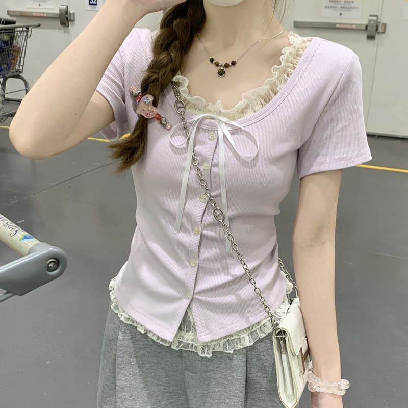 2026 New Spring/Summer Korean Style Sweet Lace Trim Faux Two-Piece Button Design Short Sleeve Women's Top Versatile