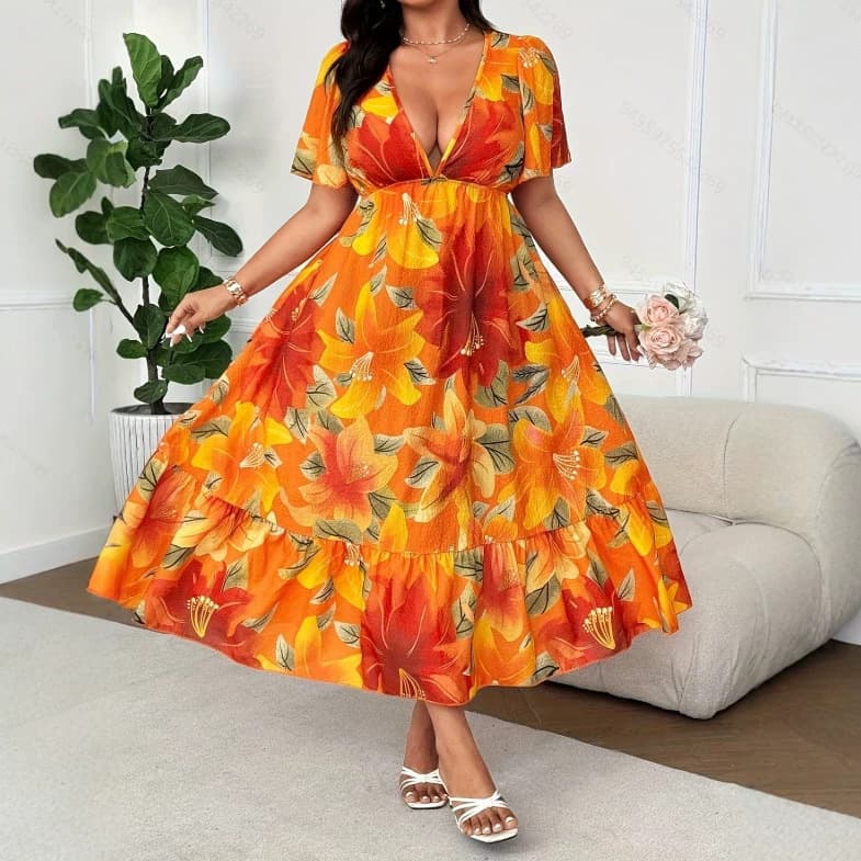 AliExpress Amazon Hot Selling Plus Size Women's V-Neck Floral Print Vacation Dress