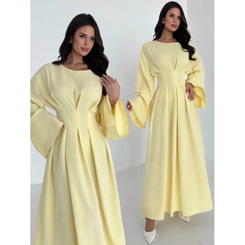 Cross-border Amazon Europe and America 2026 new autumn style elegant round neck loose pleated bell sleeve long dress for women