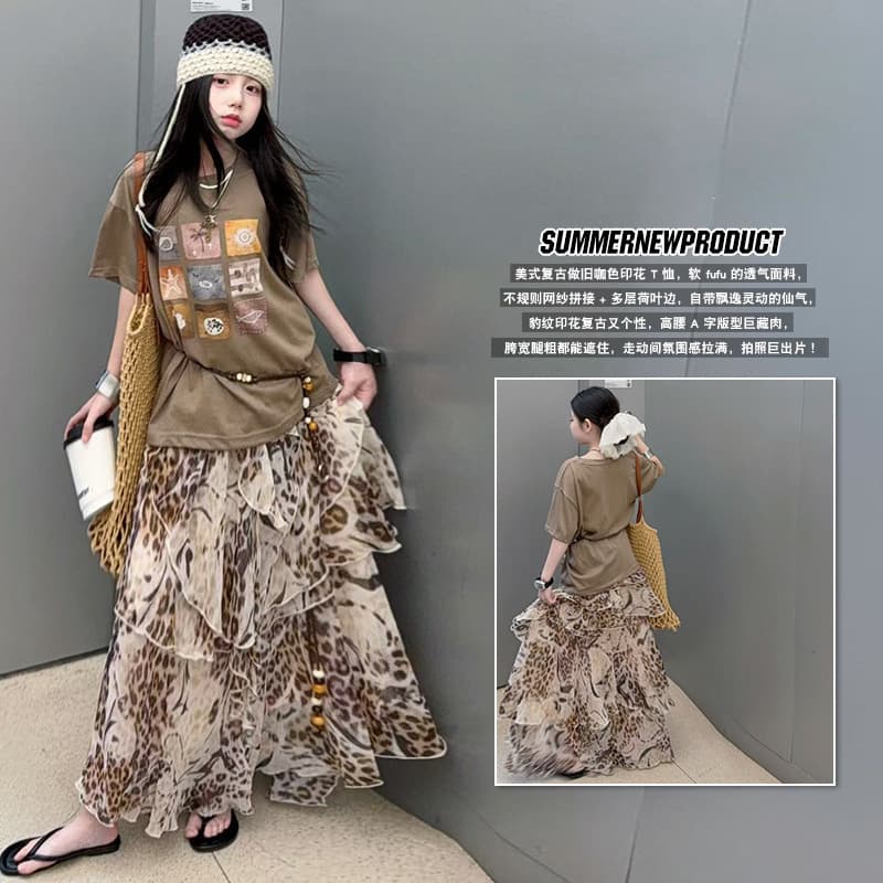 Girls' Designer Leopard Print Long Skirt and Short-Sleeve Top Two-Piece Set, Summer Kids' Trendy Boho Outfit