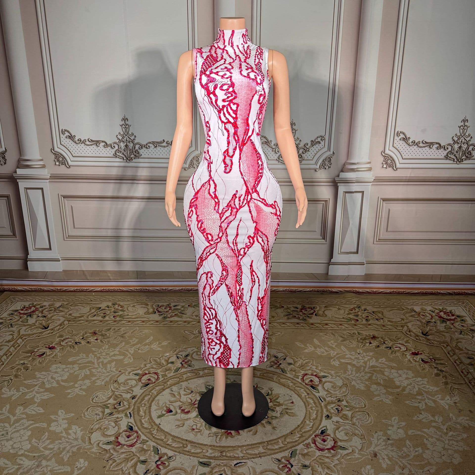 Sparkling Rhinestone Printed Velvet Slim Fit Dress Sexy Bodycon Dress Banquet Party Elegant Evening Gown