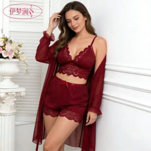 Yimenglan New Cross-Border Pajamas Women Summer Mesh Nightgown Set Lace Camisole Dress Home Robe Set Wholesale