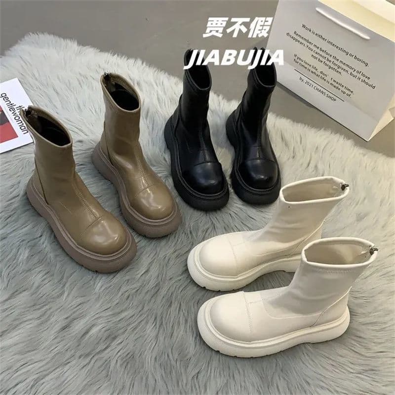 Short Boots Women's 2022 Spring and Autumn New Online Popular Fashion All-match Rear Zipper Platform Thick Bottom Non-slip Thin Boots Trendy