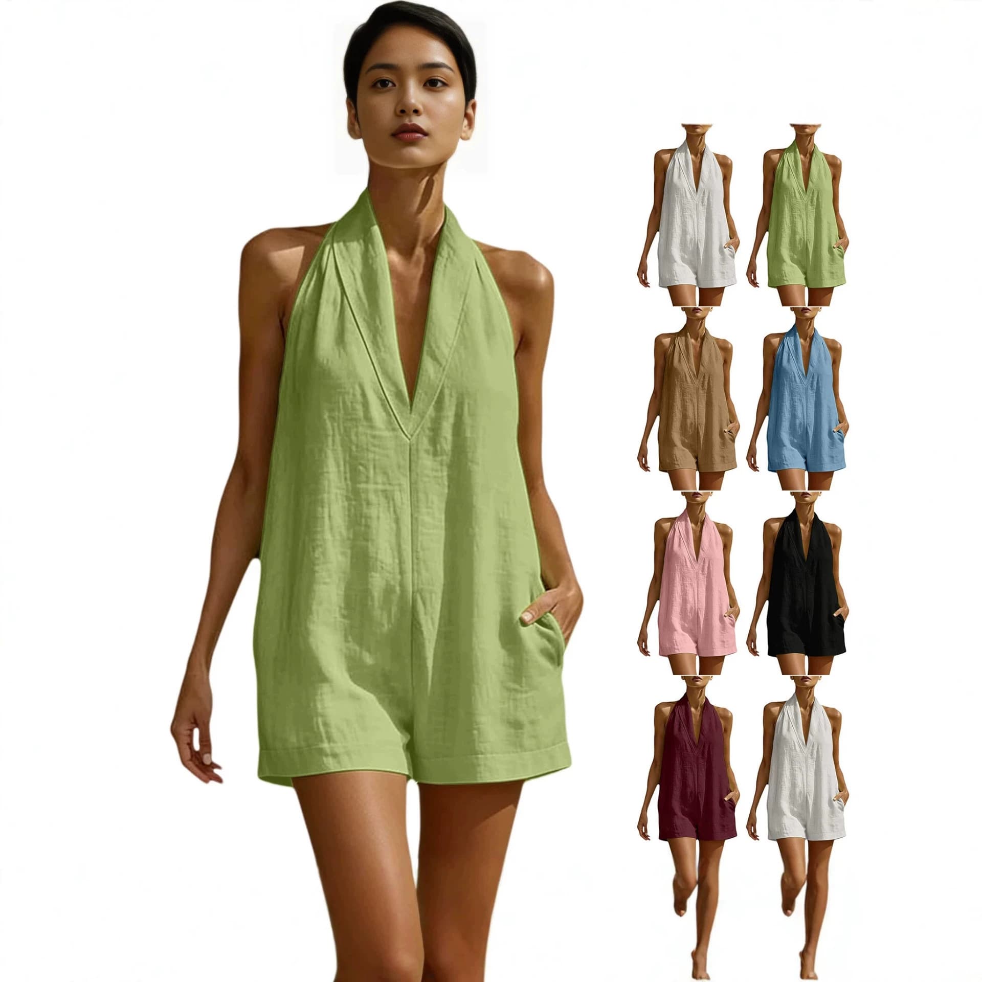 2026 hot selling spring and summer cross-border European and American Amazon new casual vacation style halter neck V-neck jumpsuit for women
