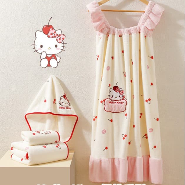 Hello Kitty Cherry Series Coral Fleece Bathrobe - Wearable and Wrapable, Quick-Dry, Cute Princess Style