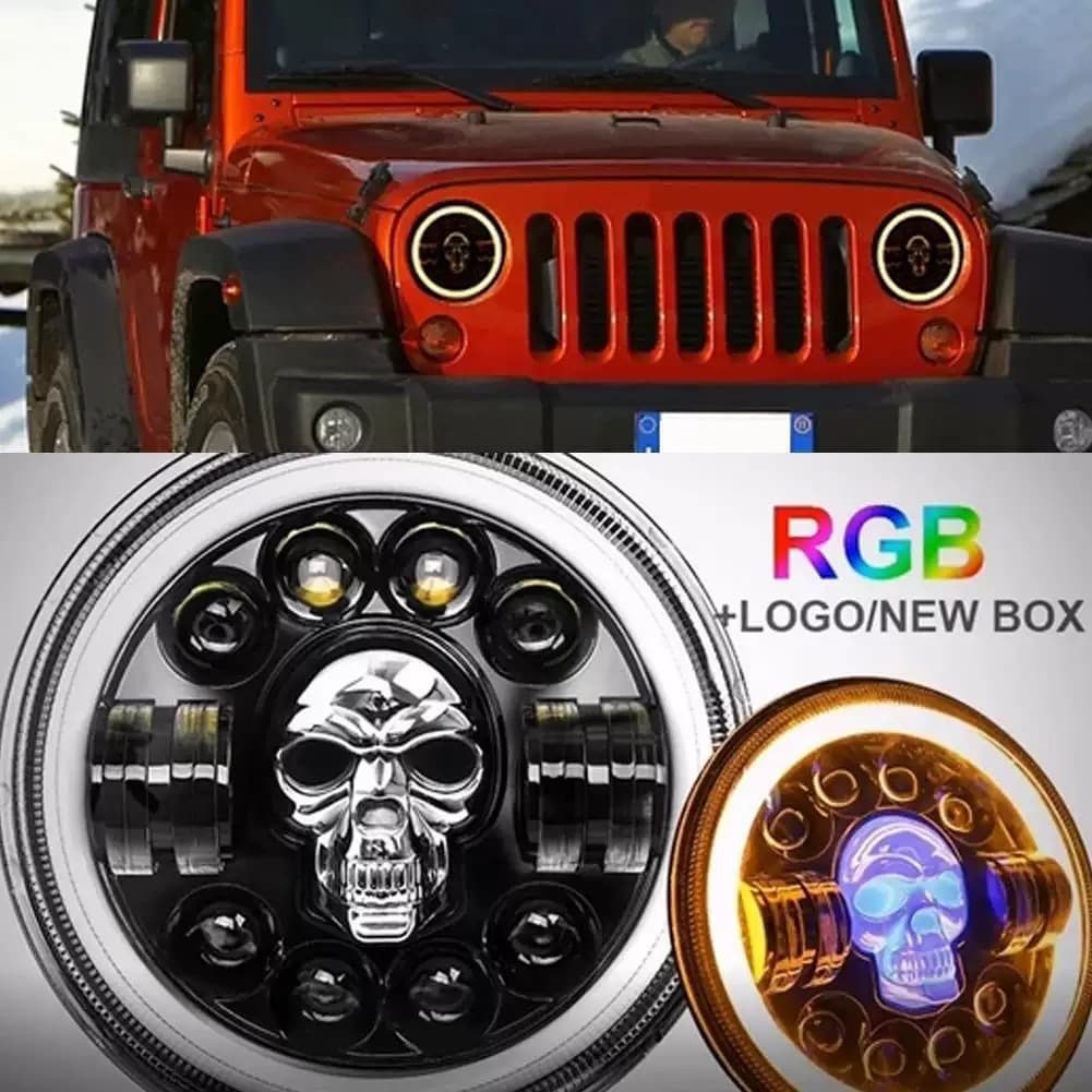Wrangler Harley 5.75inch Colorful Skull Headlight H4 Devil Eye Road Light LED High and Low Beam Headlight