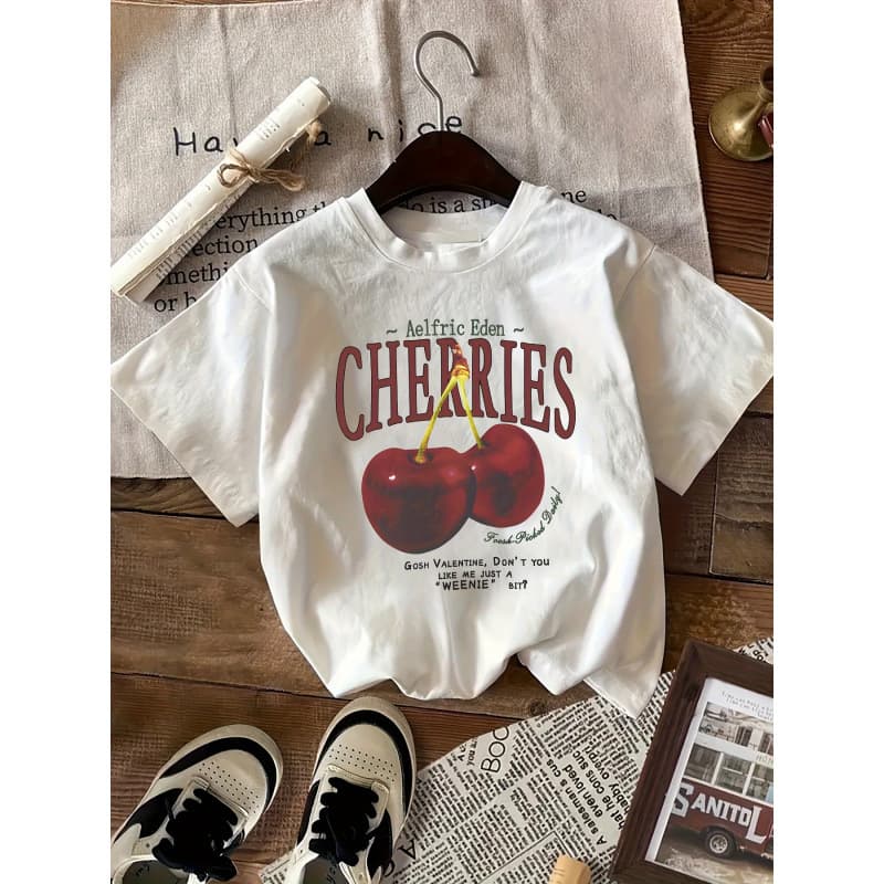 Cotton Women T-shirt Red Cherries Printed Tees Summer Loose