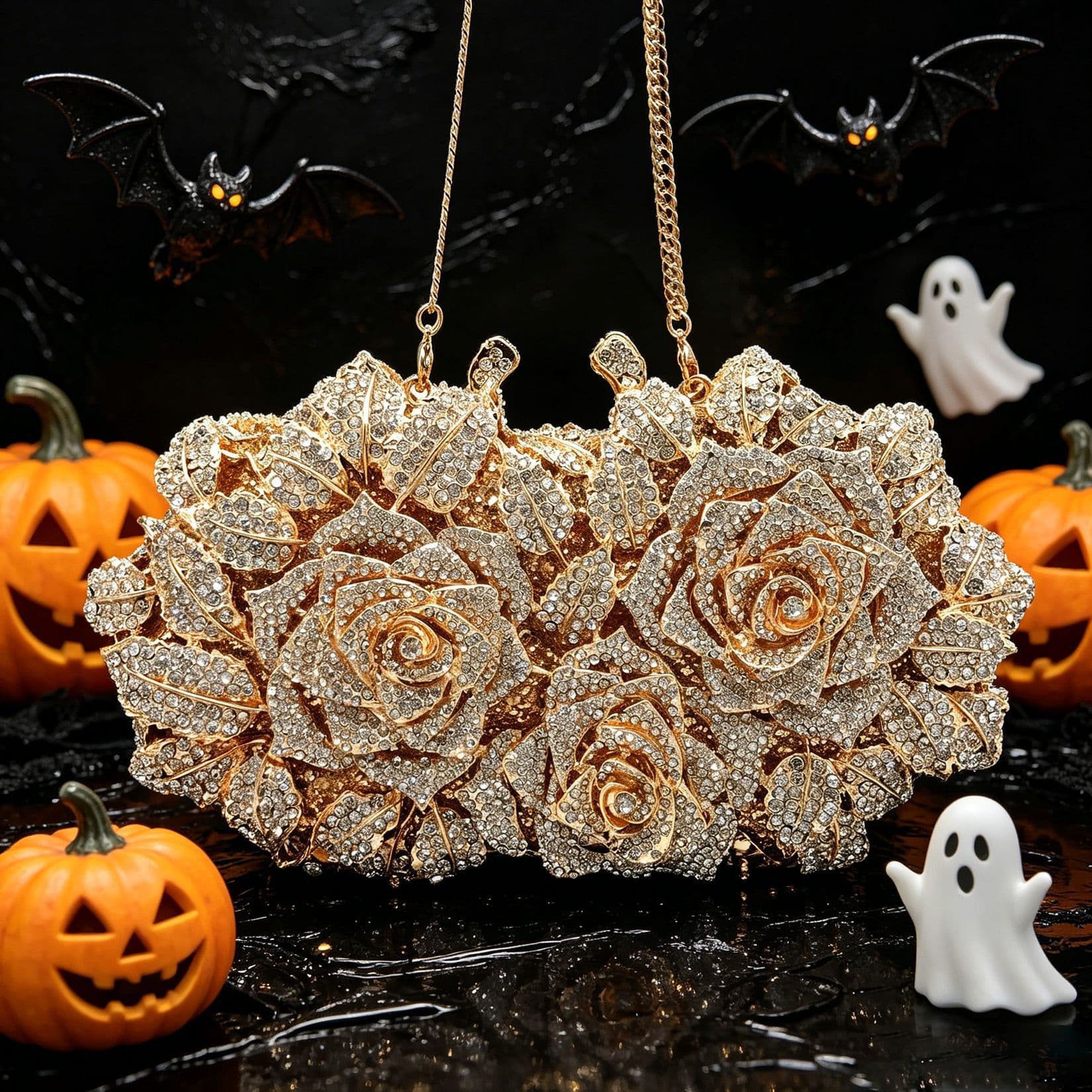 Best-selling clutch with 3D rose crystal embellishment, rhinestone evening bag for banquets, women's crystal-studded handbag with alloy frame, European and American style