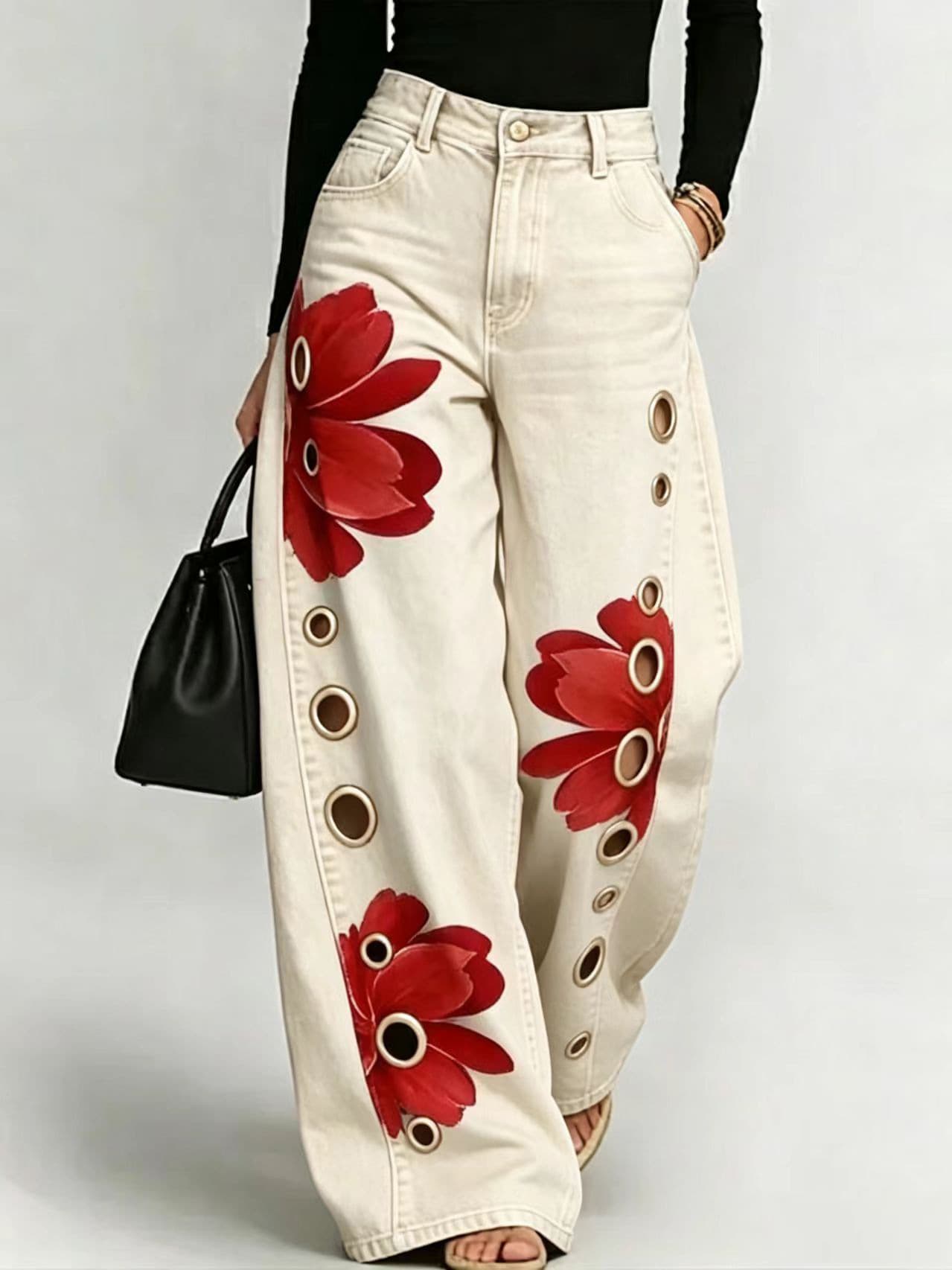 2026 New European and American Cross-Border Amazon Style Denim-Look Printed Women's Loose Jeans Casual Versatile Wide-Leg Long Pants