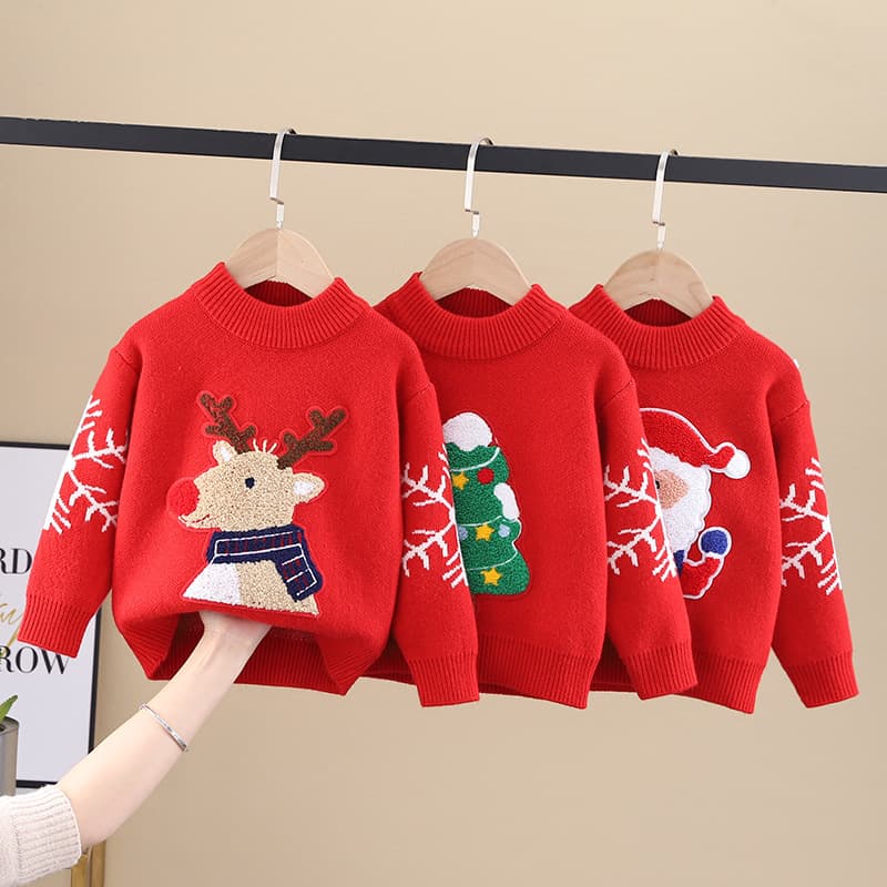 Christmas Children's Sweater Fleece-Lined Thickened New Year Sweater Boys Girls Versatile Knit Base Layer