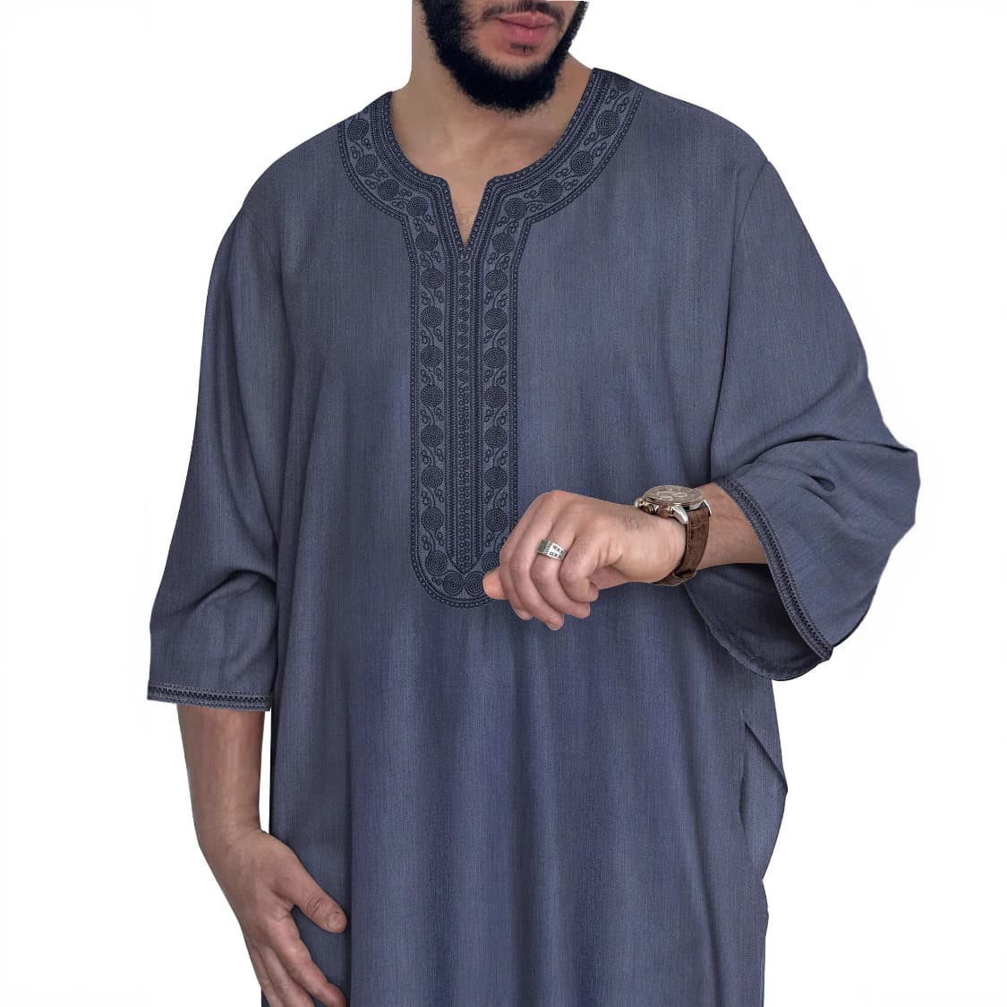 2025 New Men's Embroidered Long Robe Medium Sleeve Cross-Border