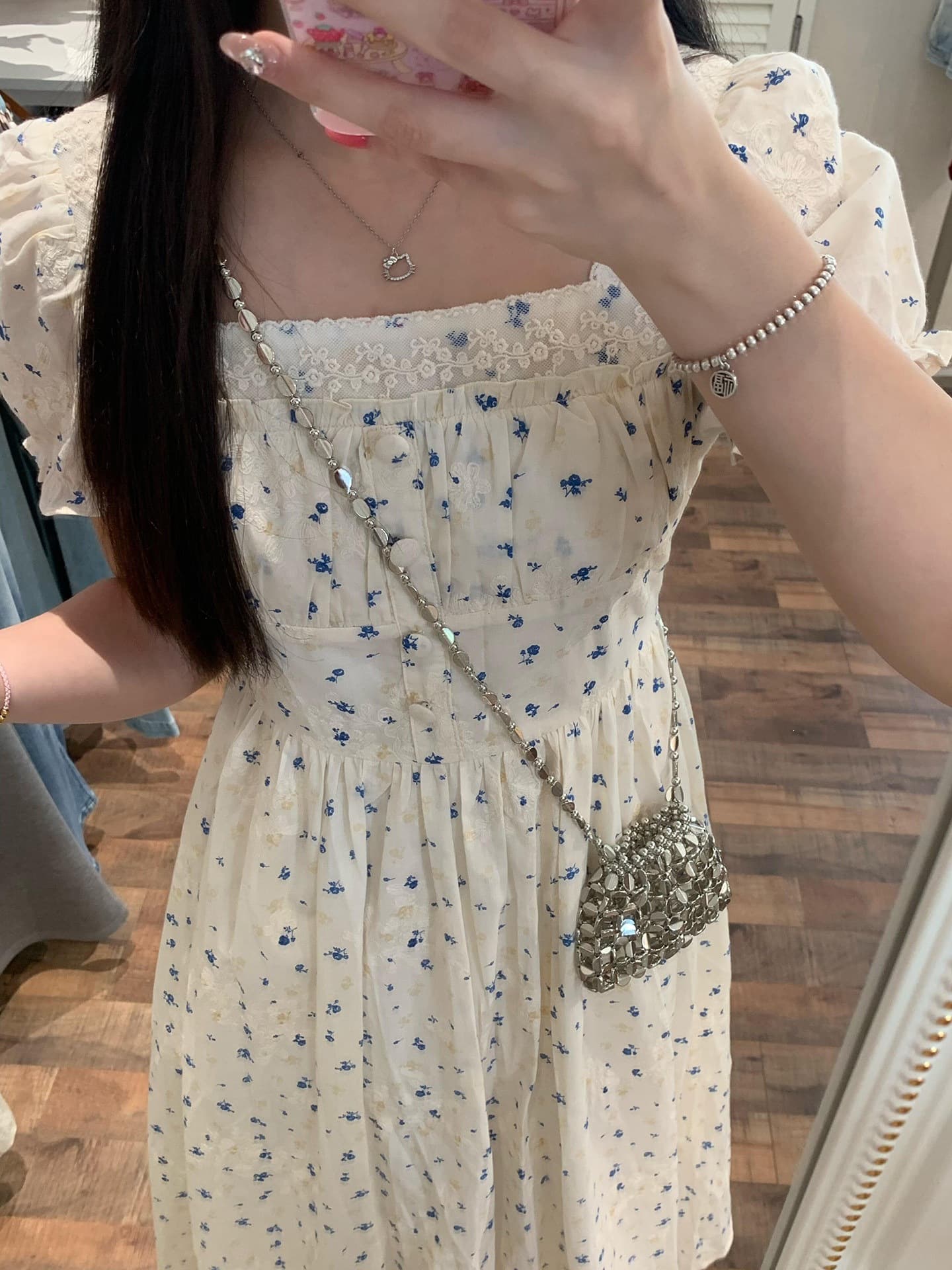 Unique Women's Summer Dress Square Neck Puff Sleeve Blue Cherry Floral Embroidery Waist A-Line Long Dress