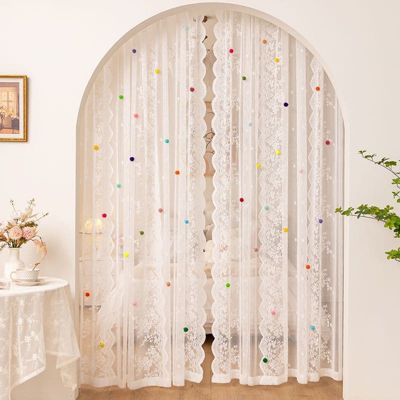 Korean Lace Sheer Curtain for Girls' Princess Bedroom, French Style Window Curtain with Decorative Colorful Balls