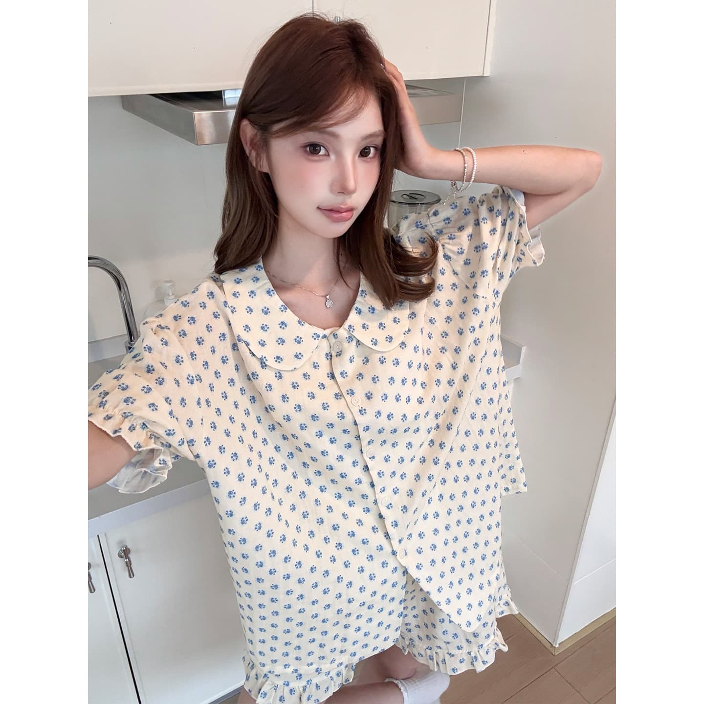 New Korean Style Cotton Pajamas for Women, Summer Sweet Blue Floral Short Sleeve Shorts Soft Cotton Loungewear