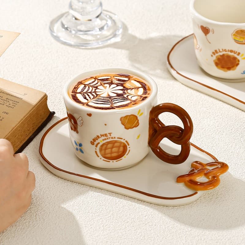 Creative Bread Ceramic Cup and Saucer Set, Cute Mug for Women, Home Water Cup, Souvenir Coffee Cup Set, Couple Breakfast Cup