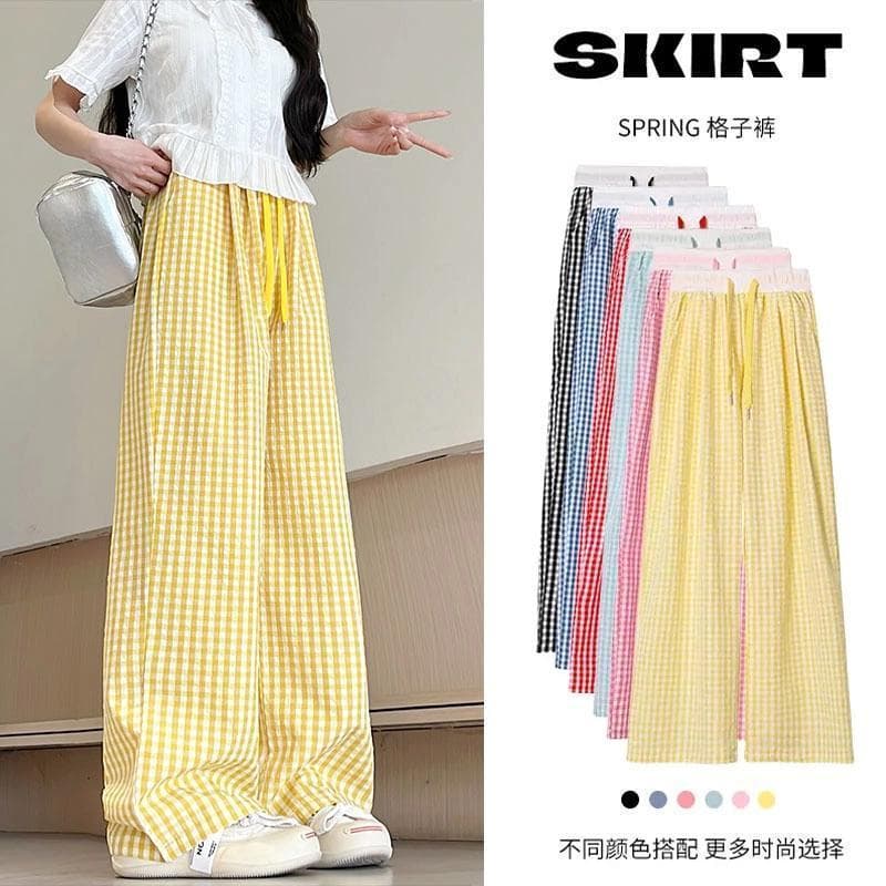 Dopamine Texture Plaid Pants for Women Summer Lightweight Flowy Checkered Wide-Leg Pants Casual Lazy Lounge Trousers Streetwear Brand