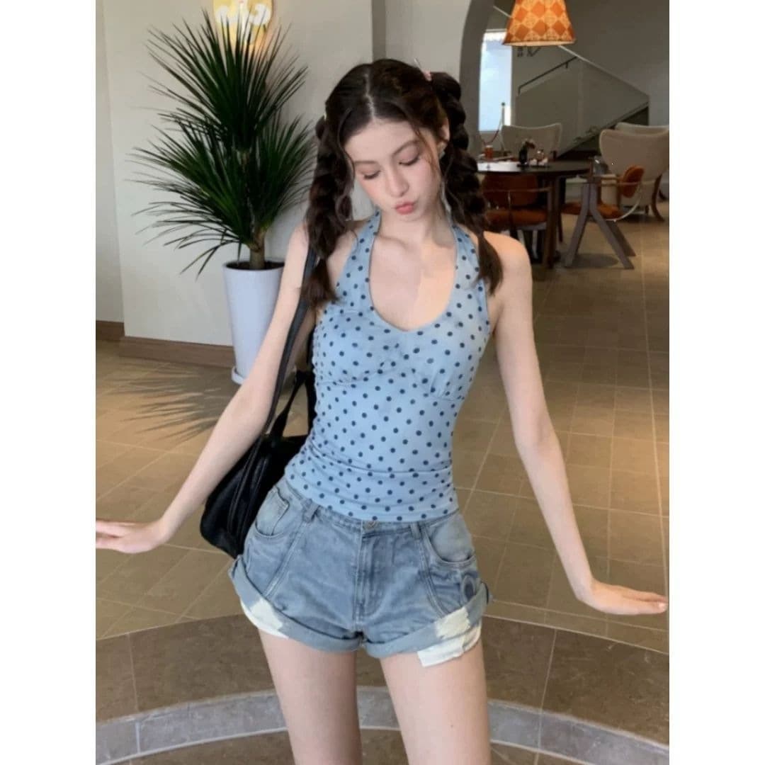 Korean Blue Polka Dot V-Neck Halter Vest Top Women Summer Slim Fit Hot Girl Beautiful Back Sleeveless Top Ins