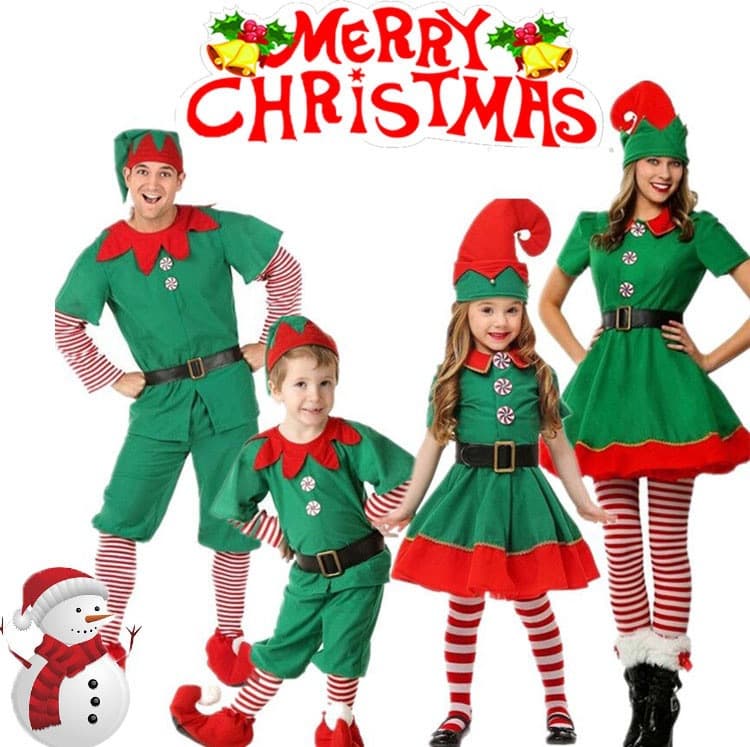 Children's Christmas elf costumes for boys and girls, parent-child costumes, green cute performance costumes, kindergarten holiday costumes