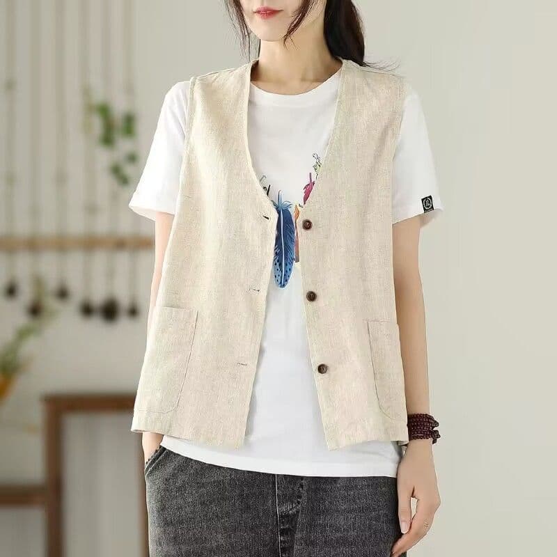 Single-layer thin vest vest for women to wear loose casual sleeveless slim cotton and linen waistcoat and linen summer coat