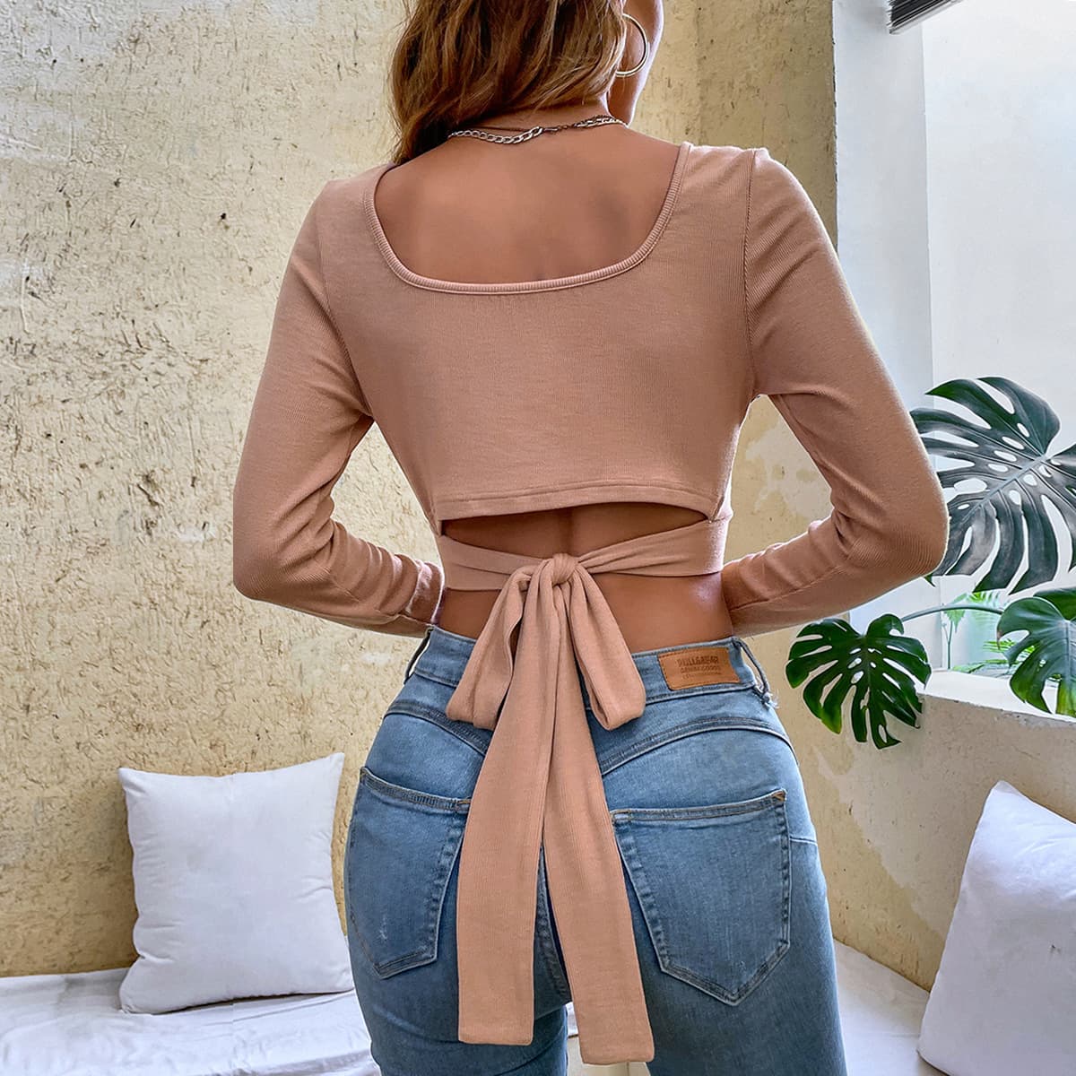 2026 New European and American Style Women's Slim Fit Casual Tie-Front Cropped High-Stretch Square Neck Long Sleeve T-Shirt Top