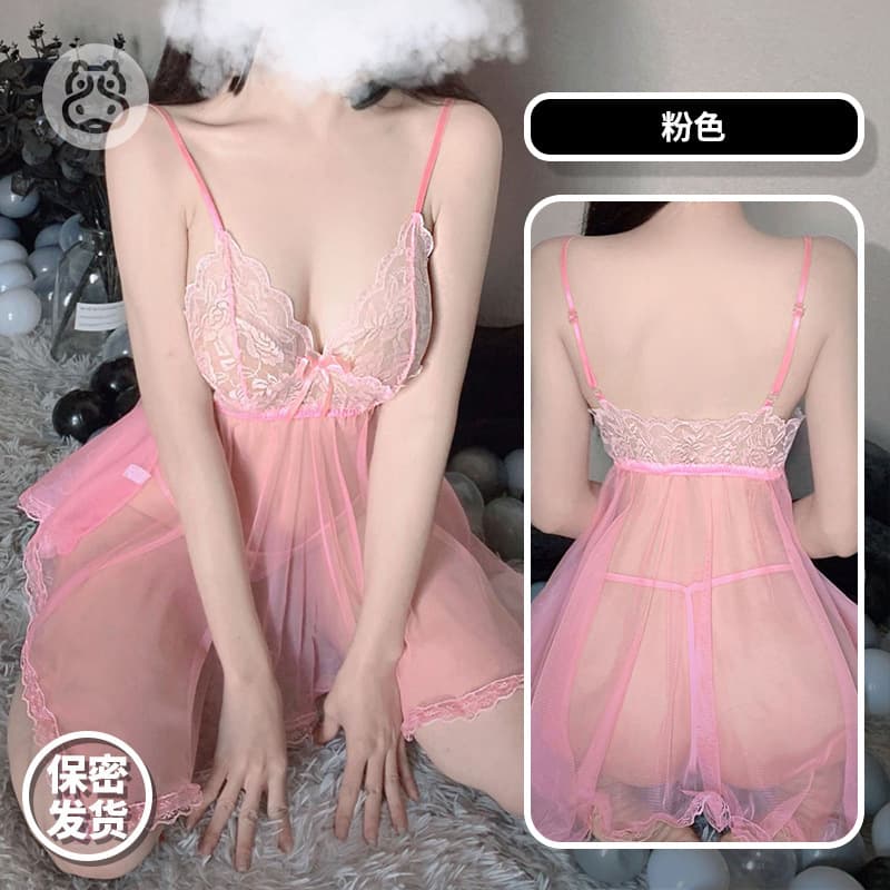 Sexy Lace See-through Mesh Nightgown Set with Strap Polyester Fiber Thin Fabric Nightwear for Women Spring Collection 2023