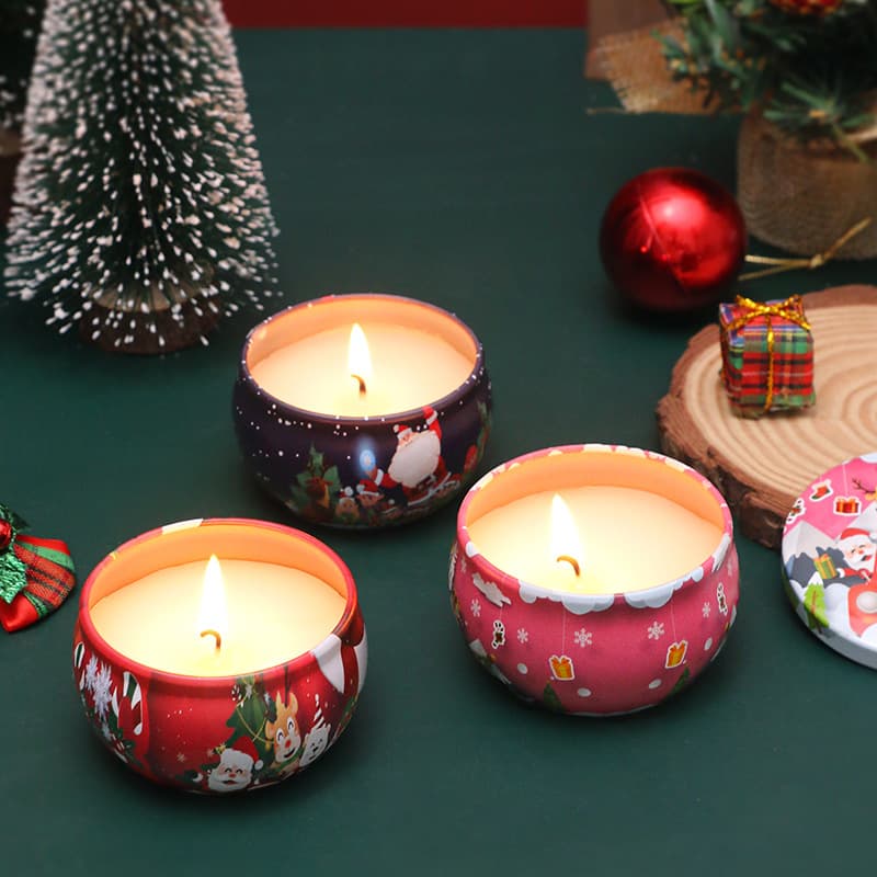 Cross-border Scented Candle Soy Vegetable Wax Christmas Candle Hand-painted Christmas Pattern Tinplate Jar Scented Candle
