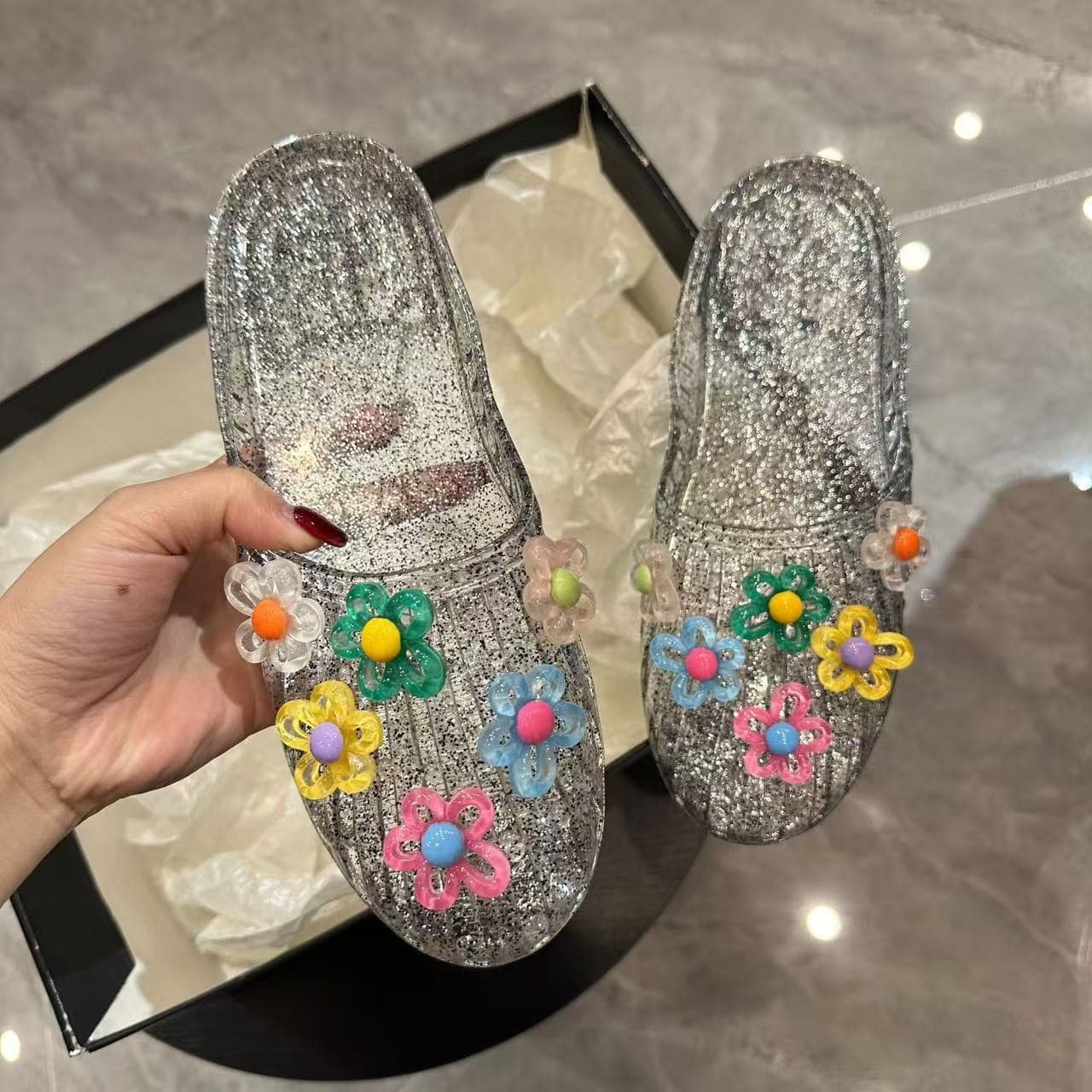 Korean Style Jelly Shoes for Women, Fashion Closed Toe, Wedge Half Slippers, Transparent Crystal Beach Slippers, Wholesale