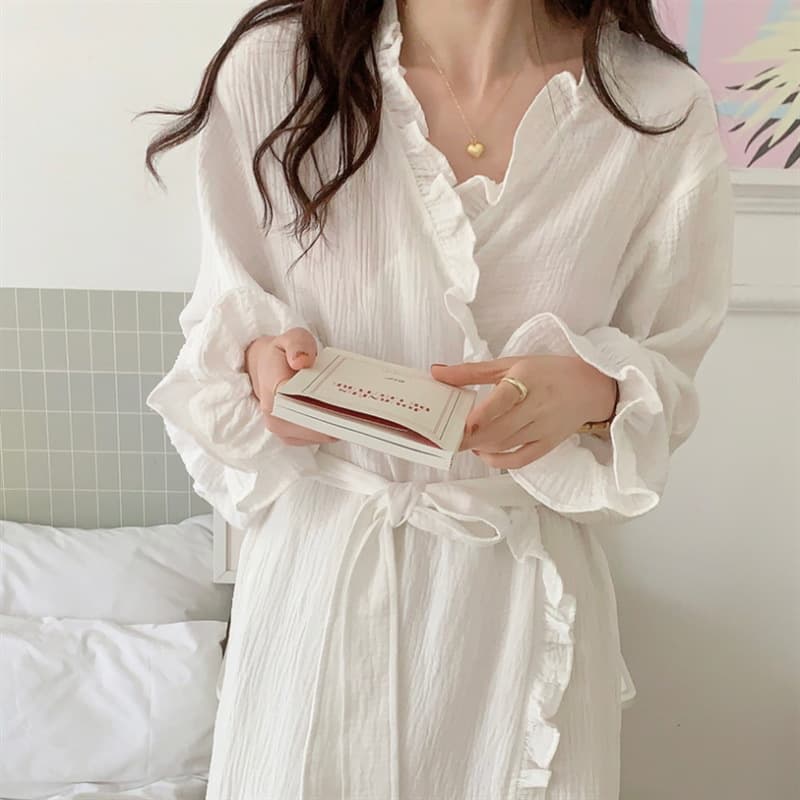 Korean Ins Women's Autumn New Korean Style Gauze Bathrobe Open-Front Tie Comfortable Loungewear with Hair Tie Trendy
