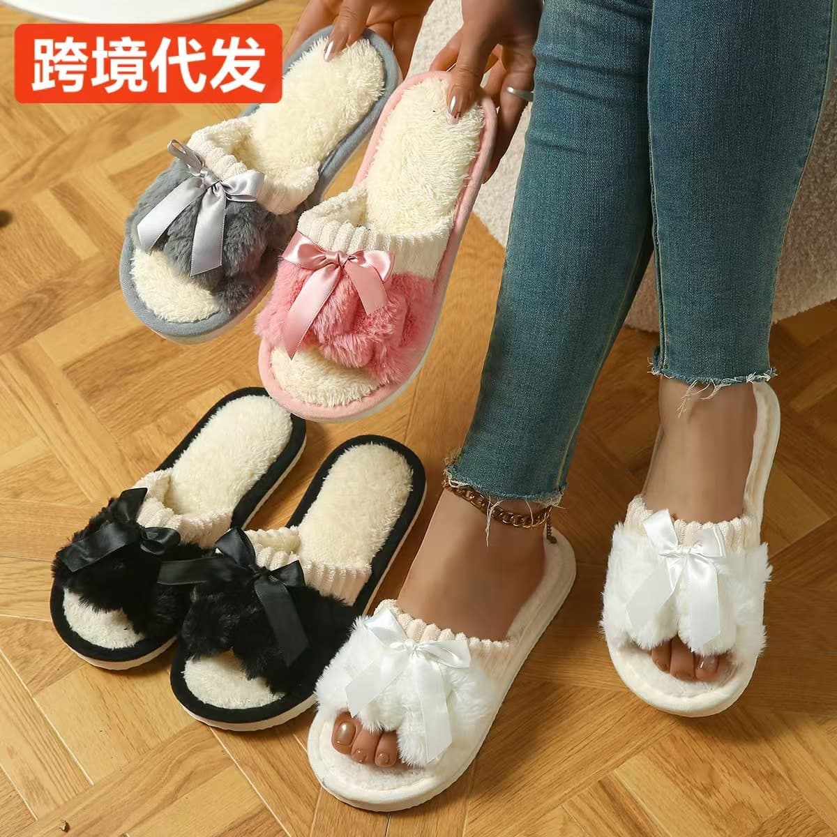 Bowknot Plush Cotton Slippers Indoor Women Slippers New Outdoor Slippers Small Order Stock Comfortable Fuzzy Slippers