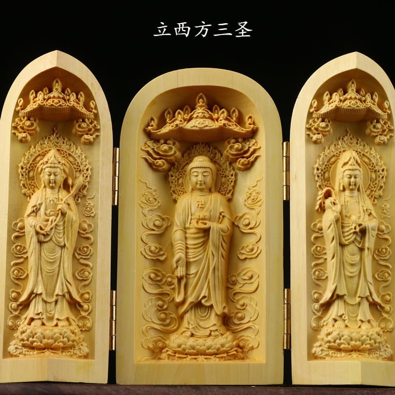 Boxwood Buddha Statue Three-Panel Box Home Decoration Solid Wood Western Three Saints Portable Buddha Wood Carving Thousand-Hand Guanyin Ornament