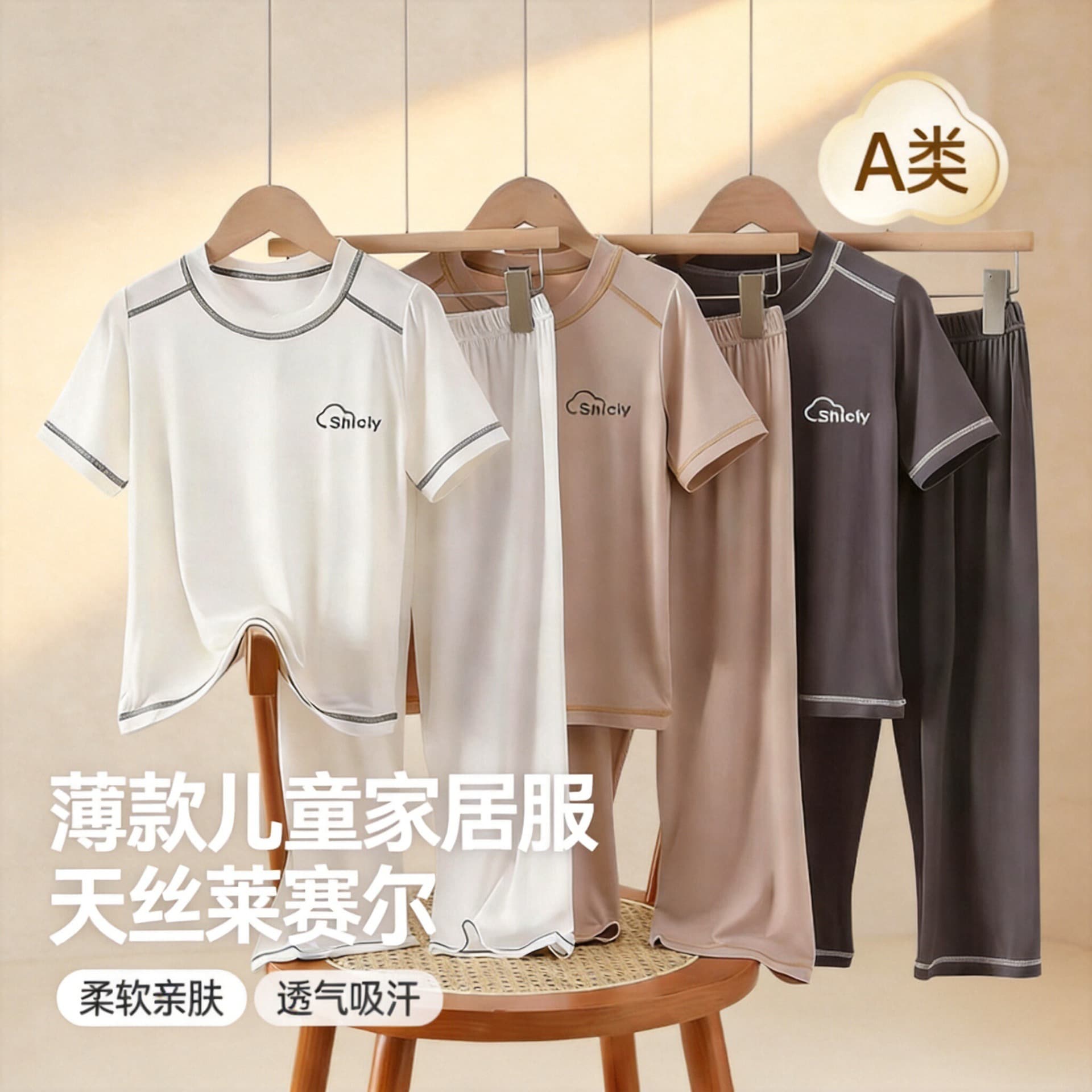 Class A Children's Tencel Lyocell Short Sleeve Loungewear Set Summer Cool Feeling Boys Girls Pajamas Older Kids Loungewear