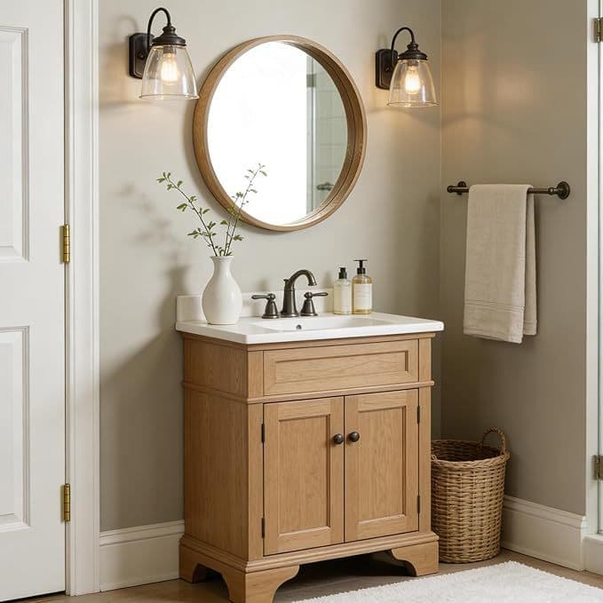 Cross-border solid wood round mirror, hygienic and simple solid wood mirror, washbasin mirror, home small apartment vanity mirror