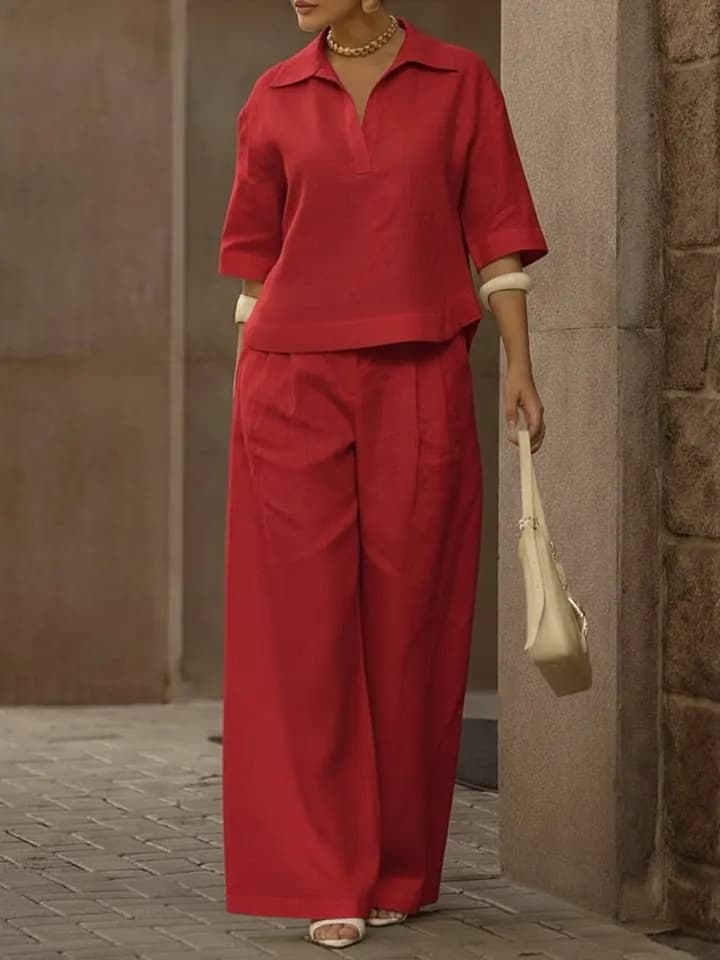 2026 D2C EU/US Cross-Border Women's Minimalist Commuter Cotton-Linen Set Lazy Outfit Draped Wide-Leg Pants Two-Piece Set