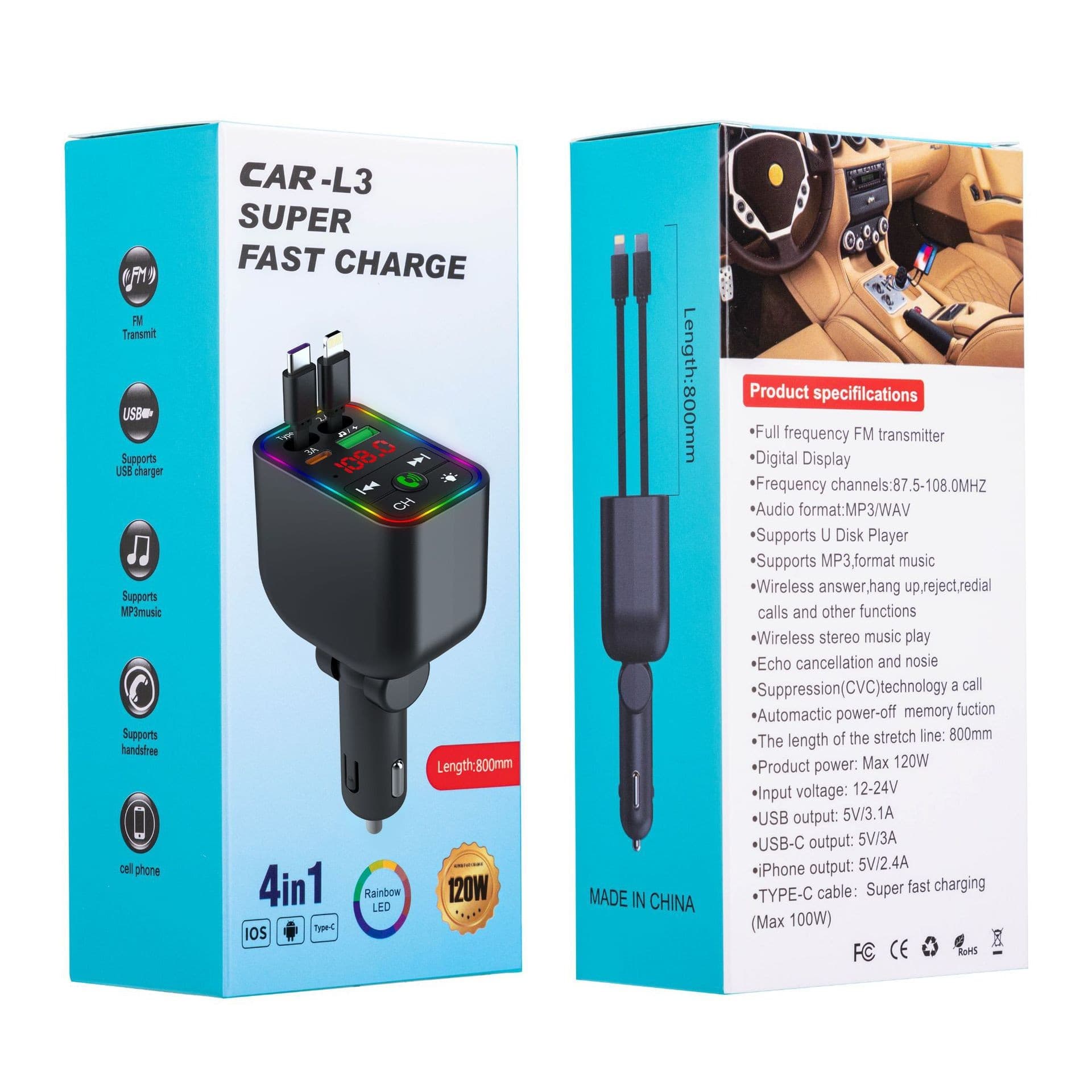 Colorful 5.3 Car Bluetooth MP3 Player Car Charger Bluetooth FM Transmitter Retractable Cable PD Fast Charging L3 L4 L5