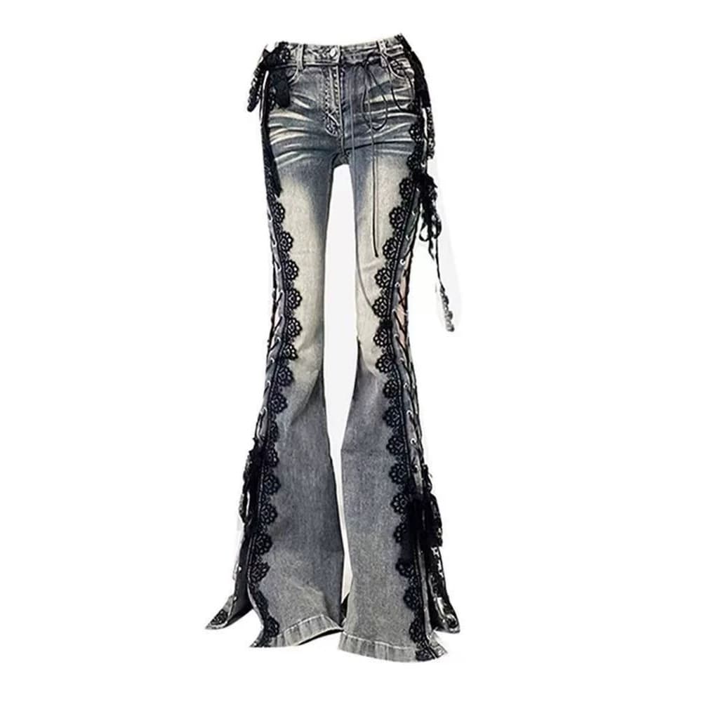 American retro lace strap slit jeans for hot girls, slim fit, micro-flared floor mopping pants