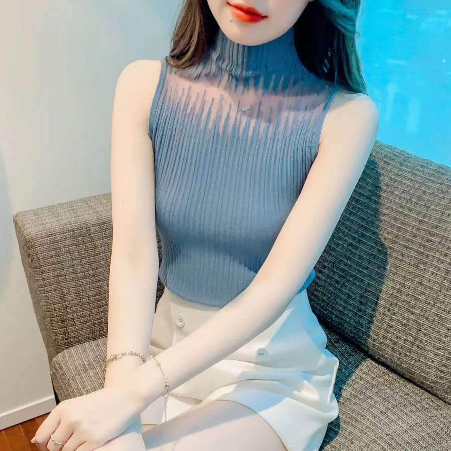 Ice Silk Small Camisole Women's Inner Wear Sexy Fashion 2023 Spring and Summer Outer Wear Half Turtleneck Sweater Sleeveless Top Trendy