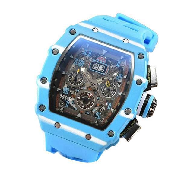 1 piece Color: Blue with white blue strap Material: Silicone Sports hollow design business watch modern sports