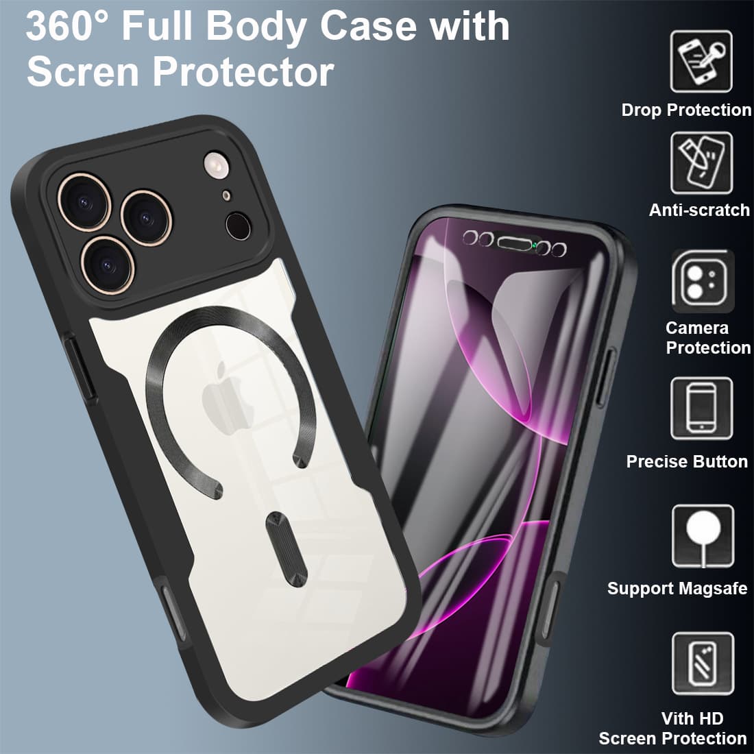 Compatible with iPhone 17 PRO MAX Case, Integrated Shell and Film, 360 Full Coverage, Magnetic, Transparent, Drop-proof for Apple 16, 15