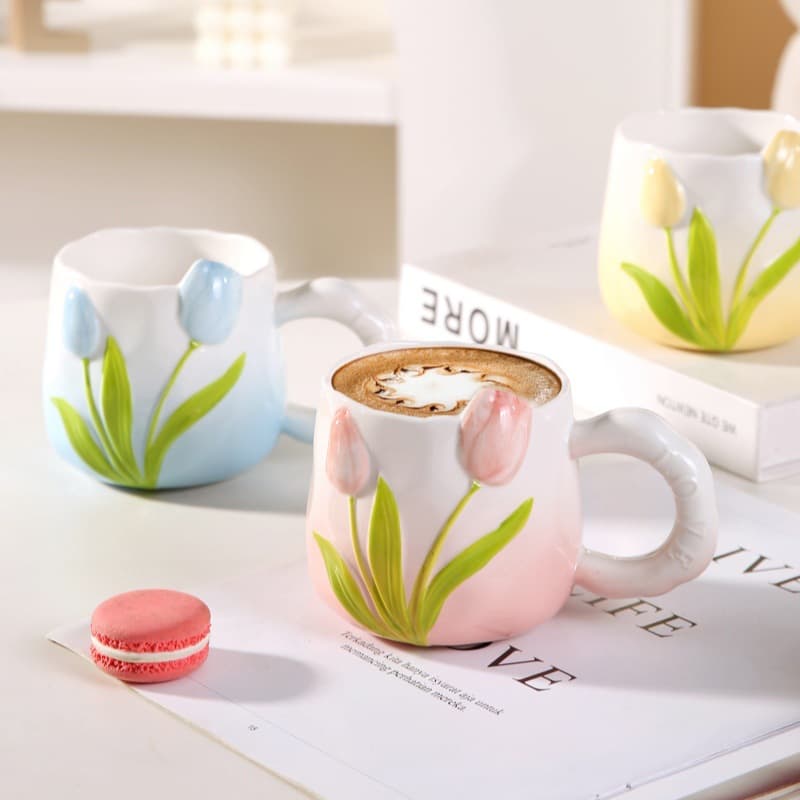 Tulip ceramic mug hand-painted underglaze color cup high-value gradient color water cup embossed flower couple cup