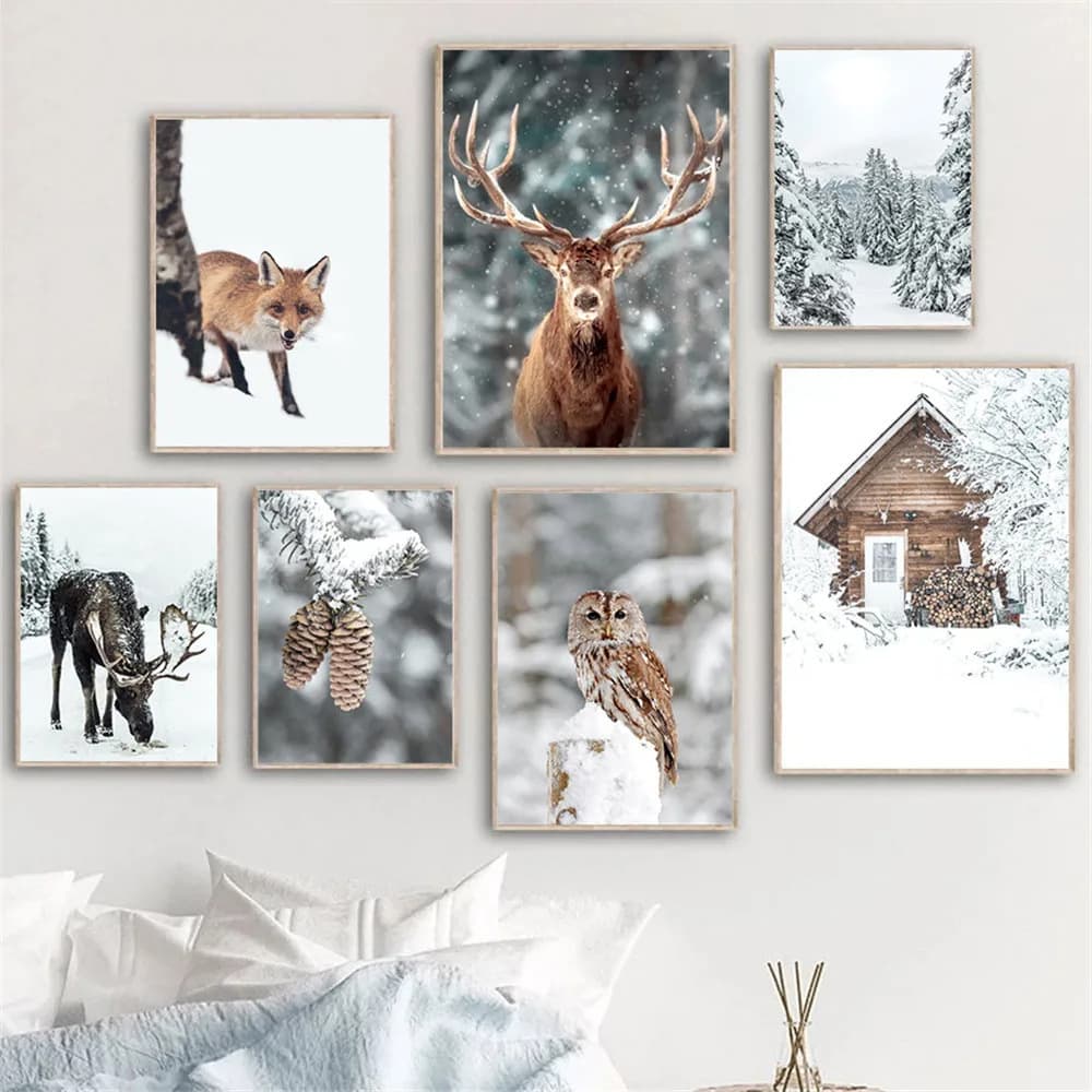Modern Nordic Winter Snow Scene Pine Forest Elk Owl Pinecone Christmas Decoration Snow House Fox Hanging Picture