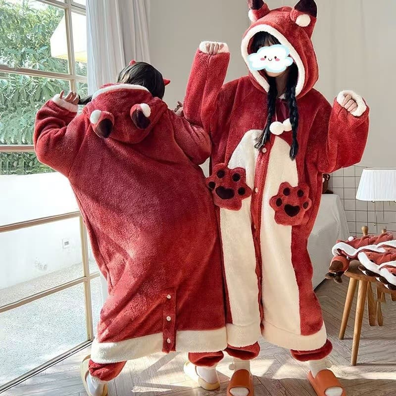 Women's Coral Fleece Robe Thickened Winter Hat Bathrobe Cute Little Fox Winter Set Cozy Plush Sleepwear Home Clothes