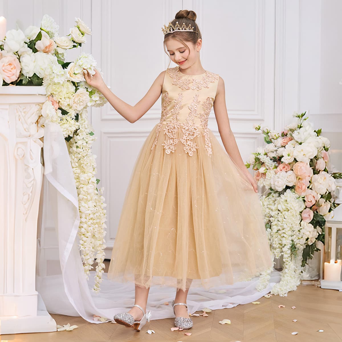 Girls Birthday Evening Gown Princess Skirt Tulle Wedding Dress Puffy Skirt Piano Performance Dress Children Flower Girl Costume
