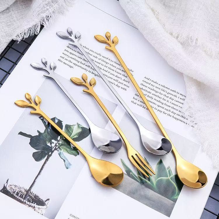 Stainless steel creative high-value leaf spoon fork spoon coffee spoon home dining spoon long handle mixing spoon dessert fork