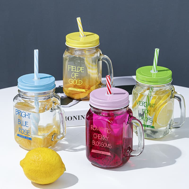 Wholesale large-capacity gradient Mason cup with handle and straw frosted color letters for cold milk tea