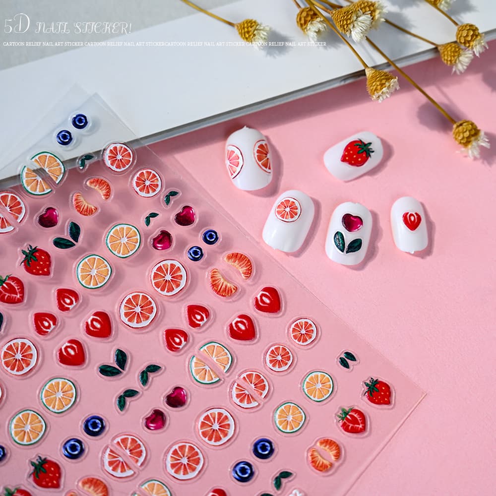 5D Embossed Fruit Nail Stickers Lemon Orange Strawberry Fresh Fruit Summer Cool Style Nail Decoration Stickers