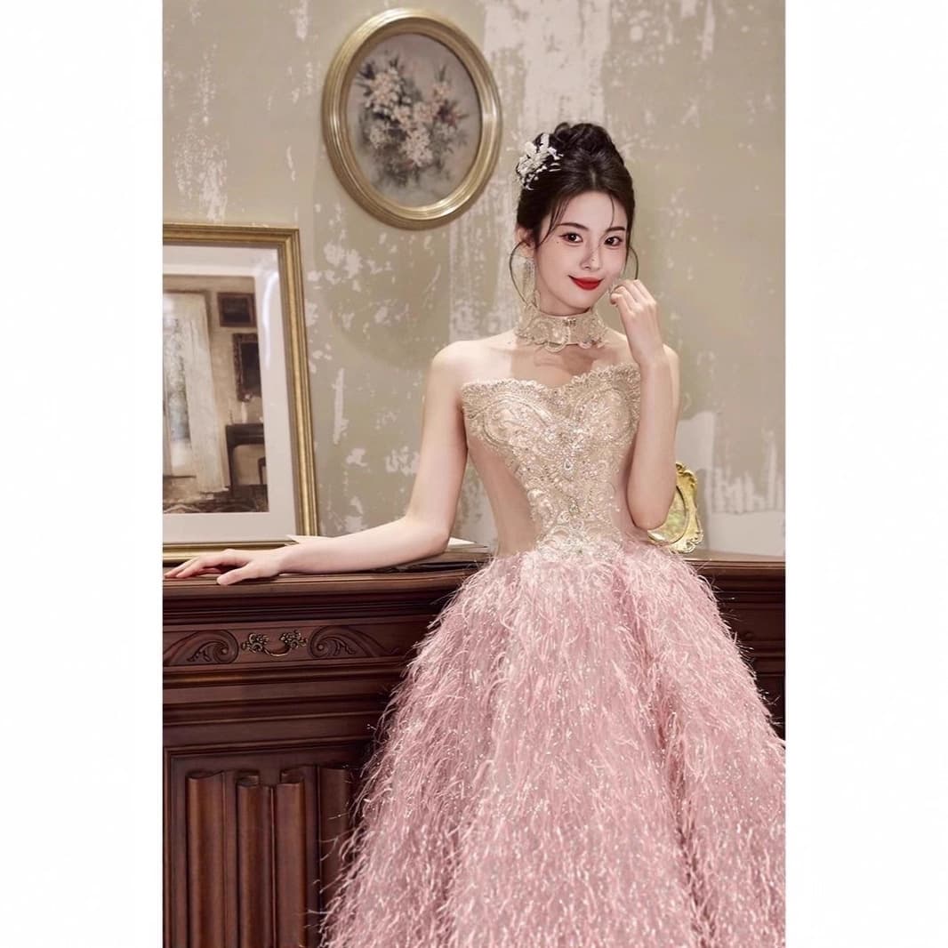 High-End Luxury Fluffy Tulle Dress Pink Adult Birthday Banquet Heavy-Duty Gown