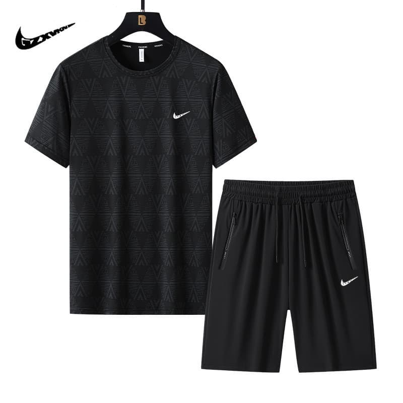 Men's Summer Set with Hidden Pattern, Large Size, Ice Silk Quick-Dry Short-Sleeve Men's Round Neck High-Elastic Sports Fitness T-Shirt Two-Piece Trendy Set