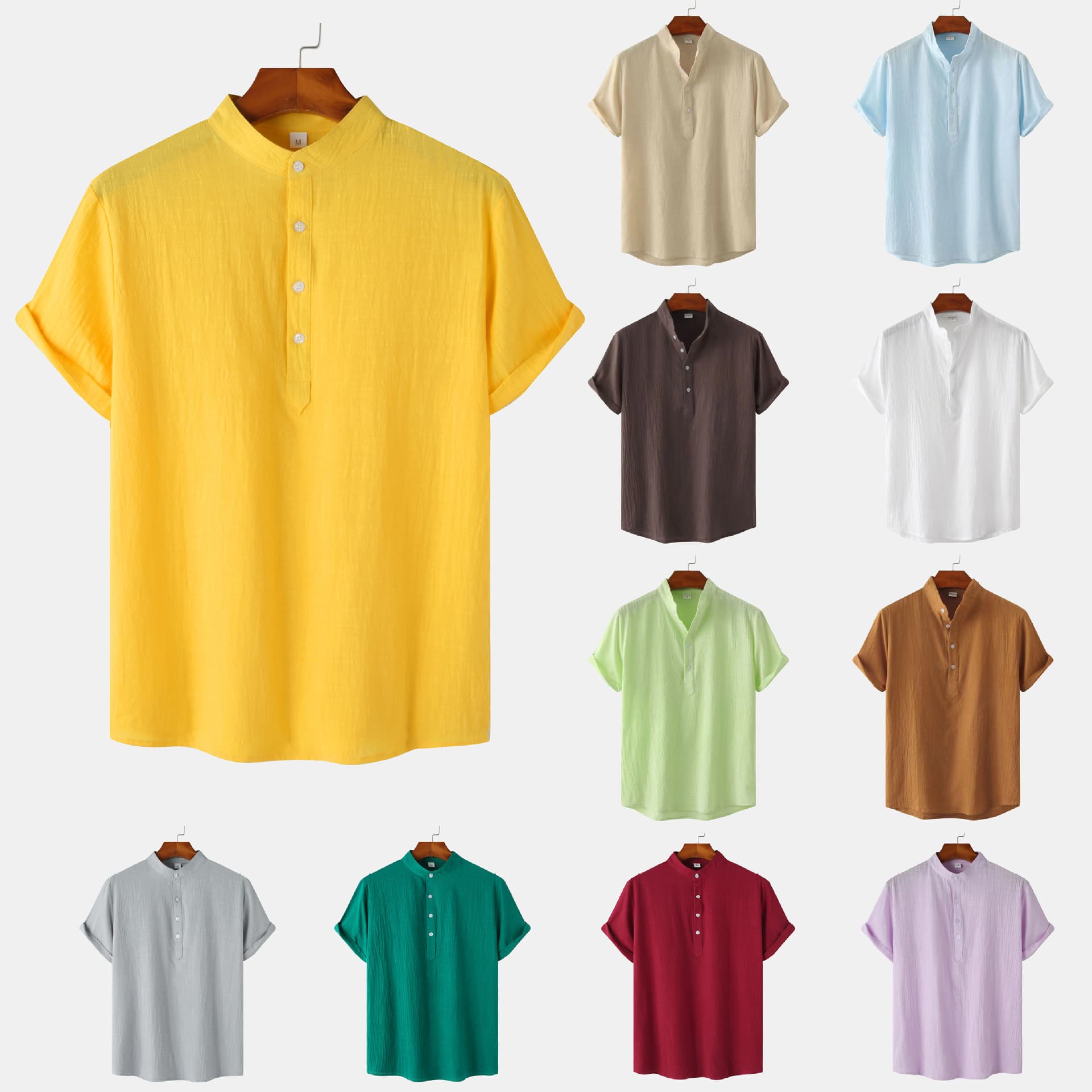 2025 Amazon Independent Station Summer Men's Cotton and Linen Stand Collar Casual Short-Sleeved Shirt Beach T-Shirt Shirt Men's Clothing
